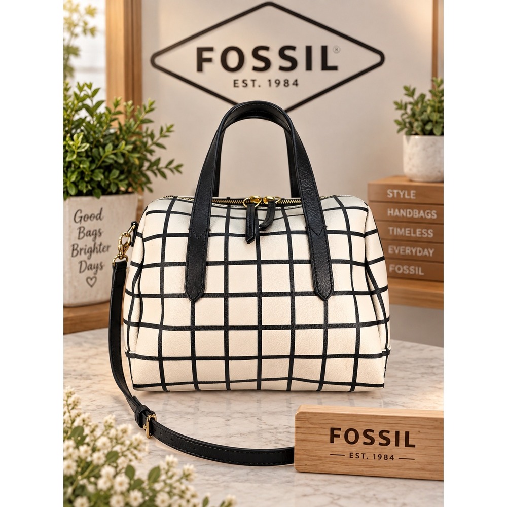 Fossil Rachel Satchel Bag Black White Grid Windowpane Crossbody Handbag ZB7306